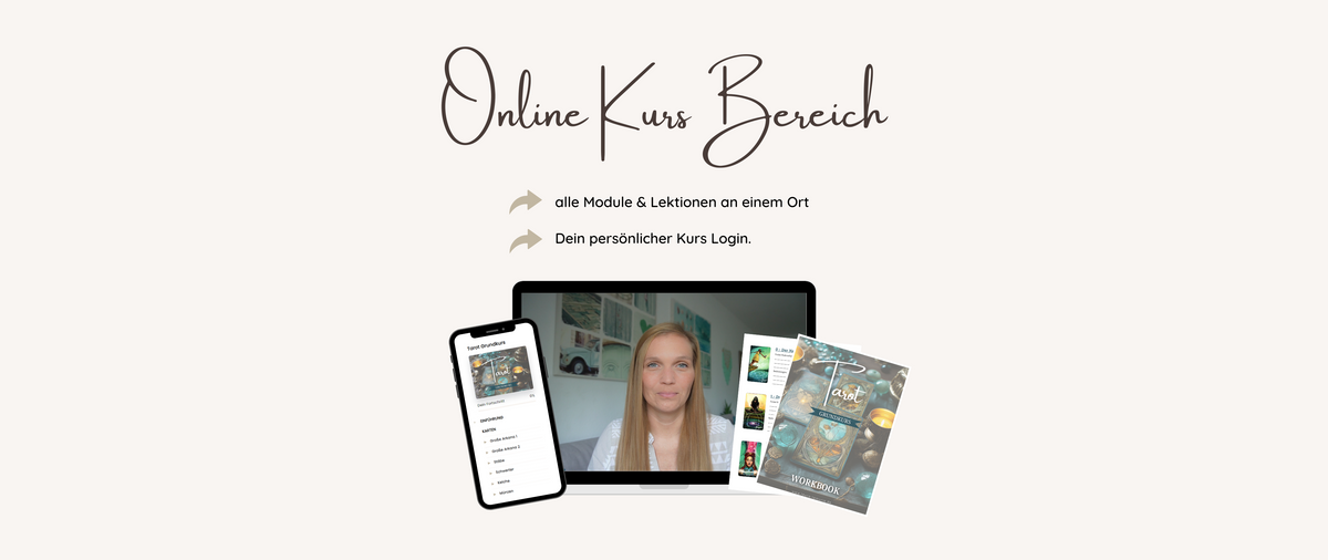 Online-Kurs-Bereich Tarot Grundkurs auf Laptop und Smartphone mit Workbook